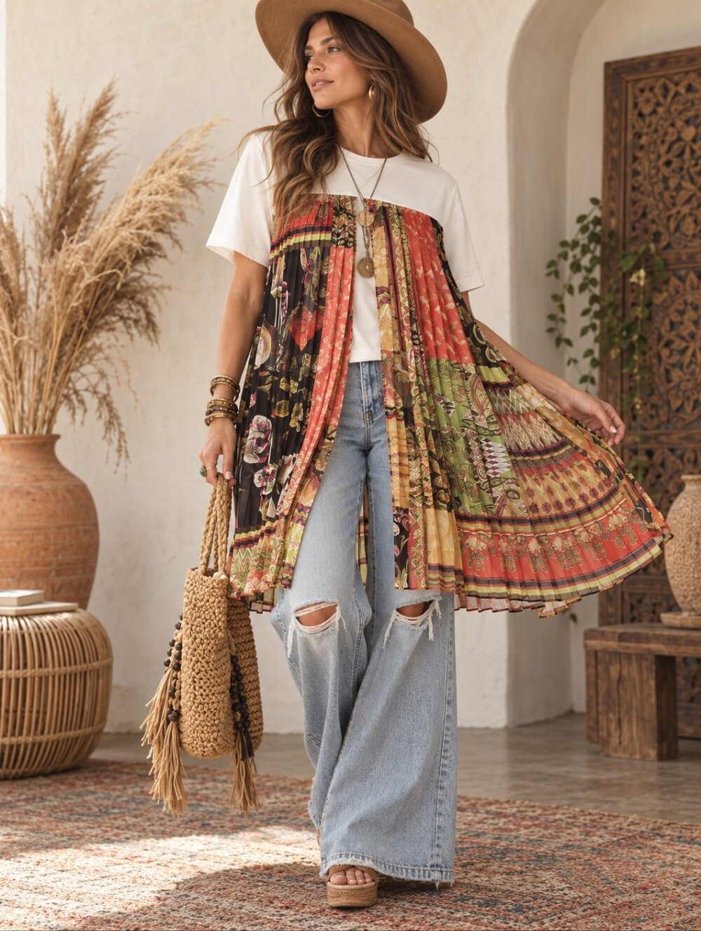 CQ by CQ Boho Pleated Mixed Print Tunic Dress Top Size Medium